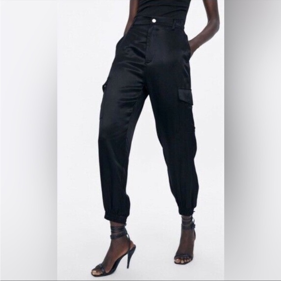 Zara Pants & Jumpsuits Zara Black Satin Cargo Joggers Small Poshmark